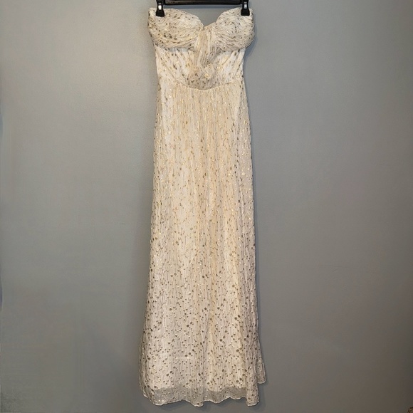 EUC Erin Fetherston Coralie Foiled Silk Chiffon Gown Ivory Gold Size 6 - Picture 3 of 11